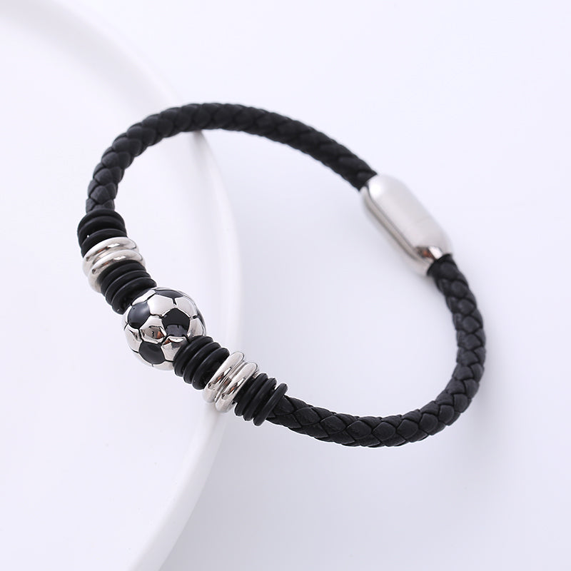 AML European and American  Men's Personality Stainless Steel Bracelet Sports Style World Cup Football Woven Leather String Bracelet