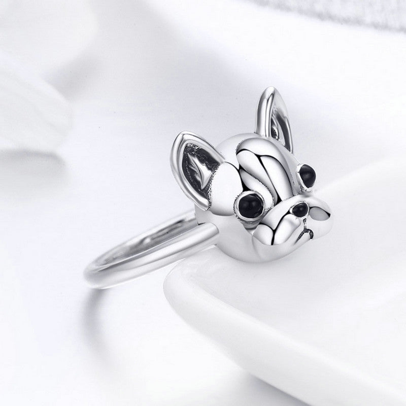 Hot Sale 100% 925 Sterling Silver Loyal Partners French Bulldog Dog Animal Female Ring for Women Fashion Jewelry SCR261