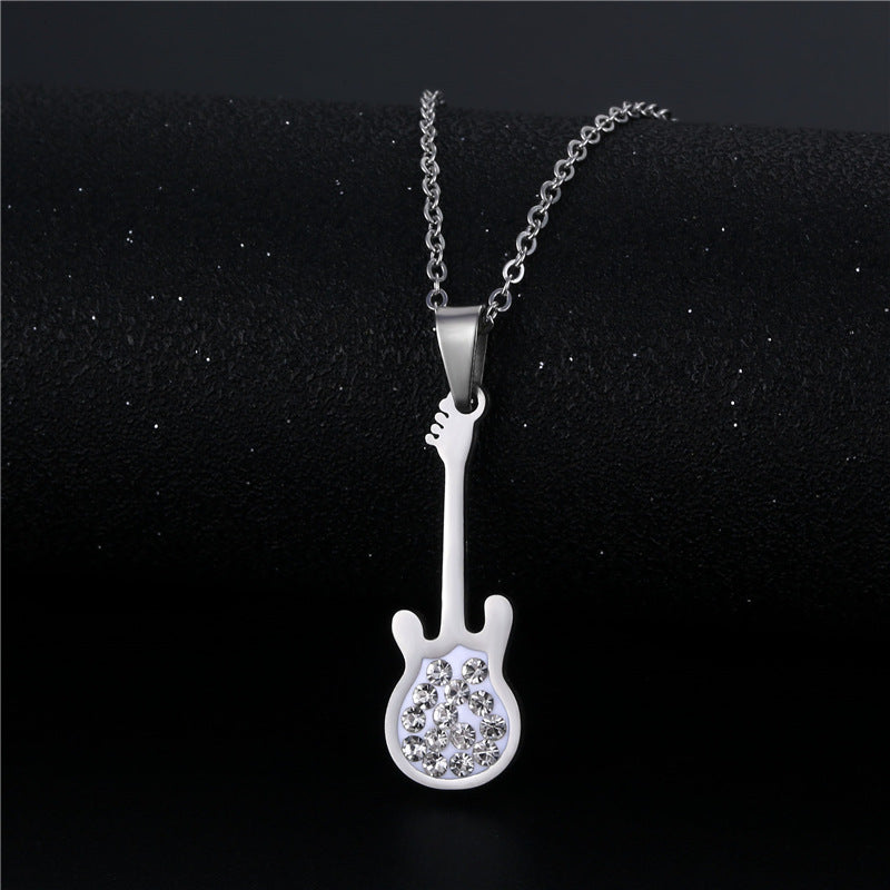 jewelry retro violin inlaid diamond pendant stainless steel necklace