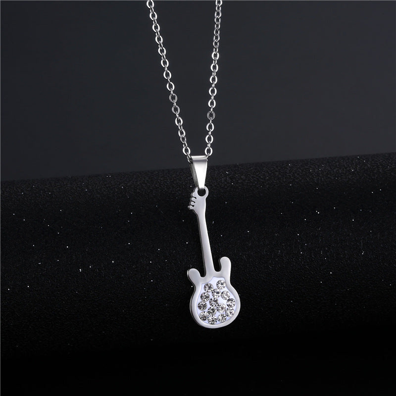 jewelry retro violin inlaid diamond pendant stainless steel necklace