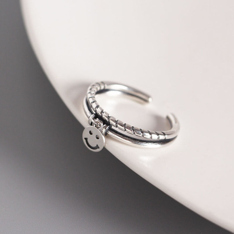 Fashion smile silver ring Japanese and Korean version of s925 sterling silver retro double smiley face tag ring