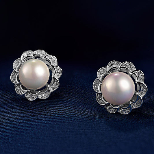 S925 sterling silver pearl earrings Korean temperament micro-inlaid zircon shell beads earrings