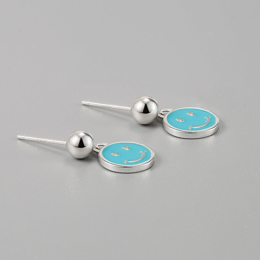 Korea earrings 925 sterling silver blue epoxy smiley earrings