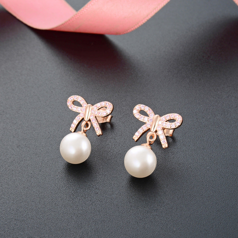 Korean micro diamond bow earrings S925 silver pearl earrings