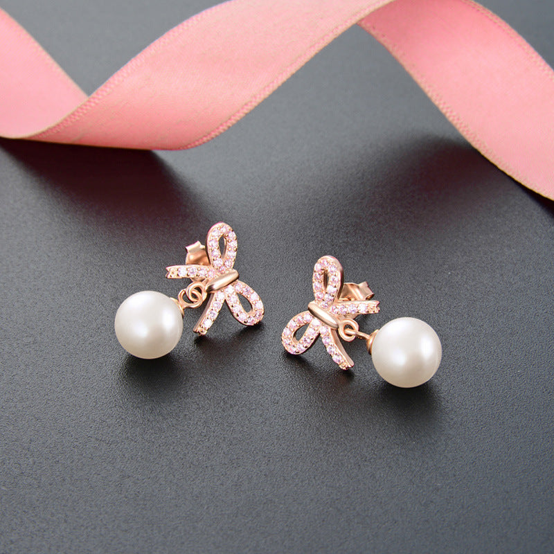 Korean micro diamond bow earrings S925 silver pearl earrings