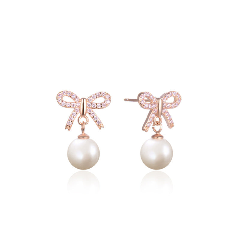 Korean micro diamond bow earrings S925 silver pearl earrings