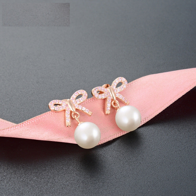 Korean micro diamond bow earrings S925 silver pearl earrings