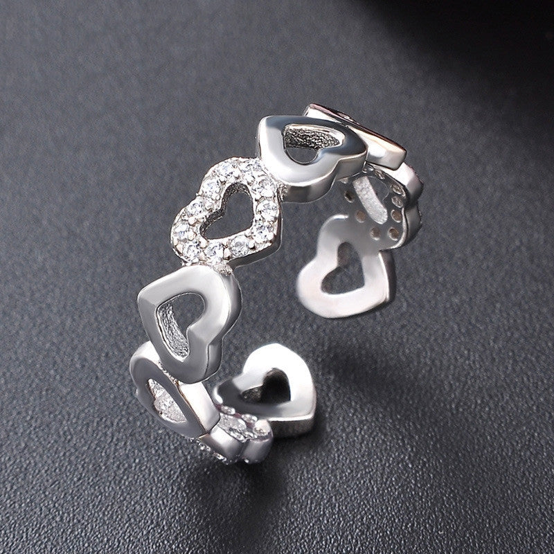 fashion s925 silver hollow heart inlaid zircon heart opening ring