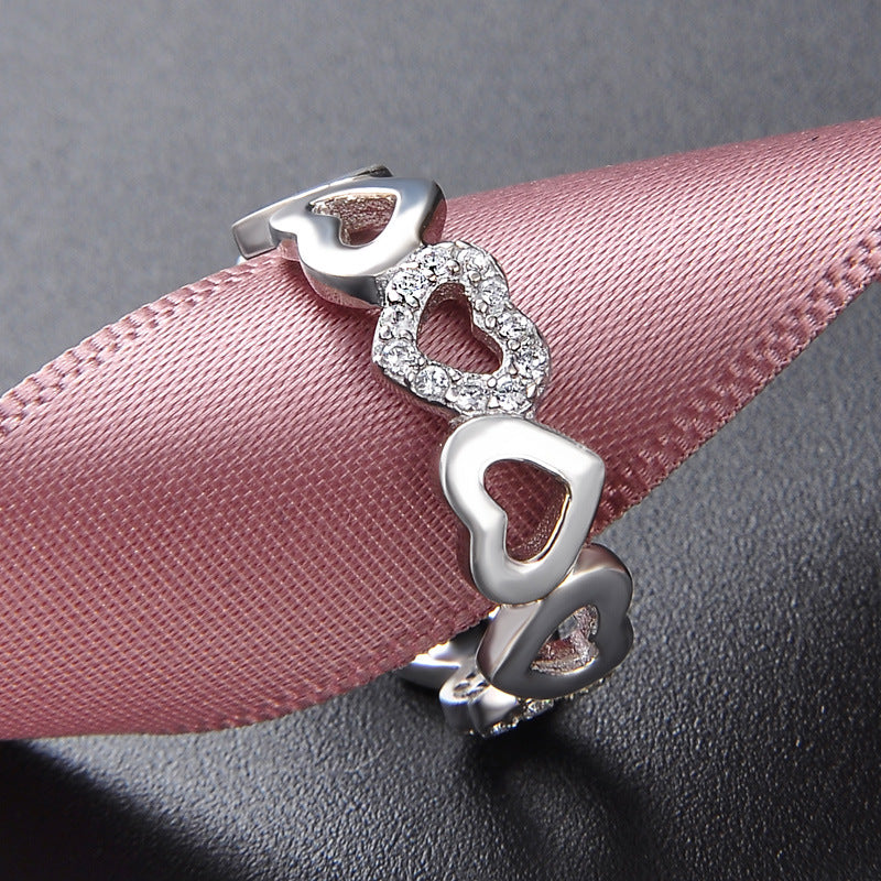 fashion s925 silver hollow heart inlaid zircon heart opening ring