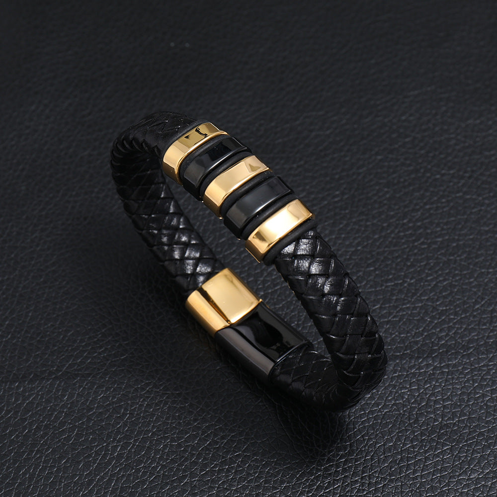 creative two-color stainless steel magnet buckle men's leather bracelet