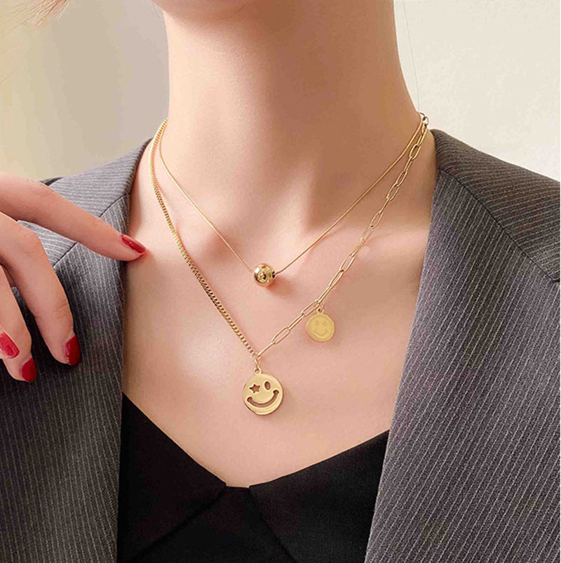 fashion multi-element smiley face pendant titanium steel necklace creative multi-layer clavicle chain