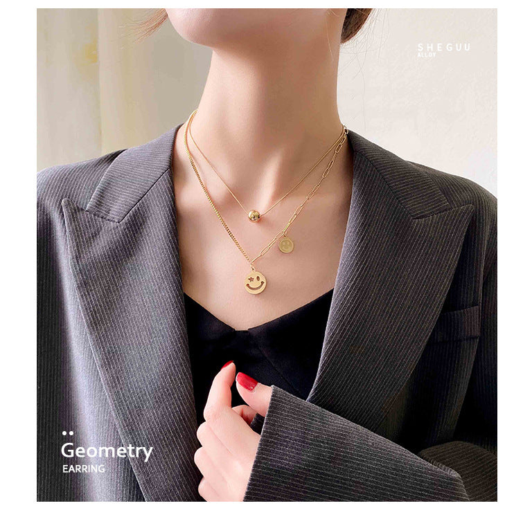 fashion multi-element smiley face pendant titanium steel necklace creative multi-layer clavicle chain