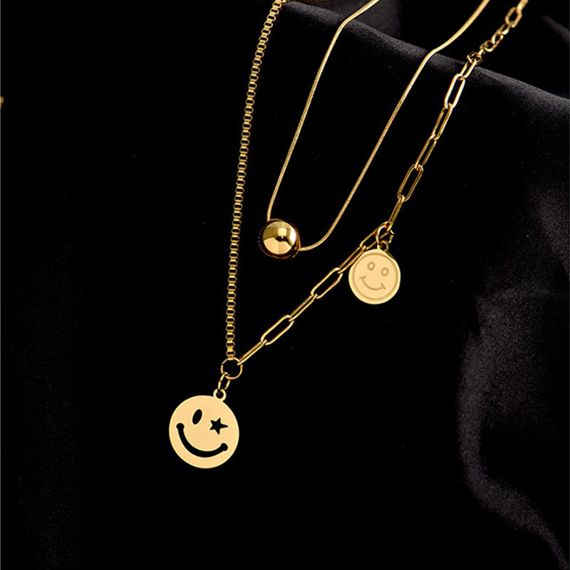 fashion multi-element smiley face pendant titanium steel necklace creative multi-layer clavicle chain