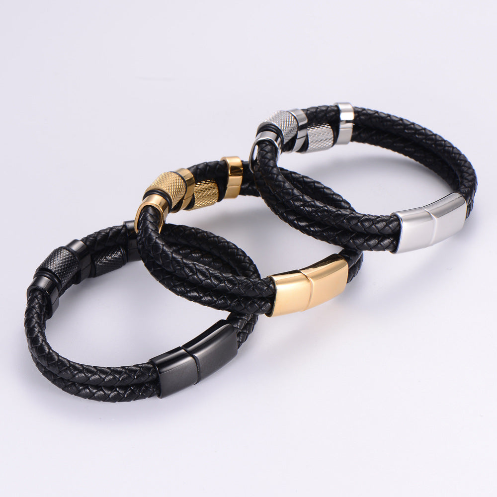 fashion leather jewelry stainless steel  18K gold double-layer leather rope bracelet