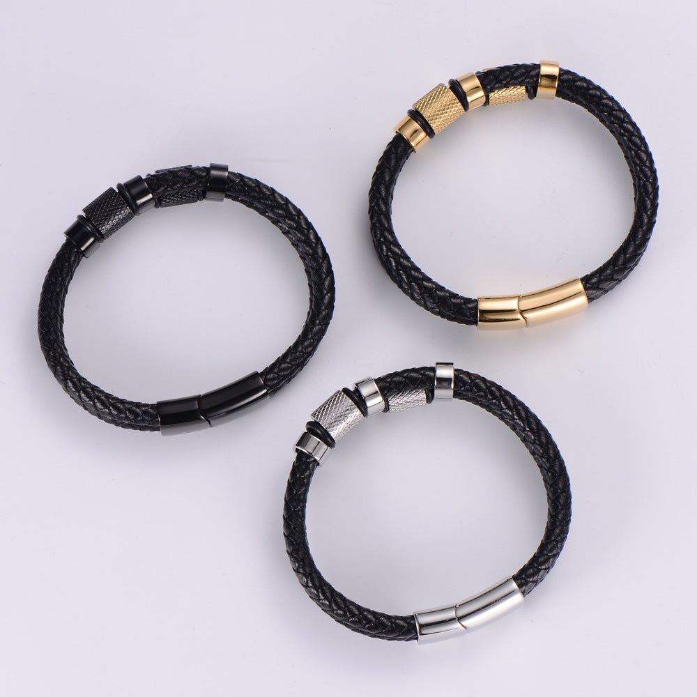 fashion leather jewelry stainless steel  18K gold double-layer leather rope bracelet