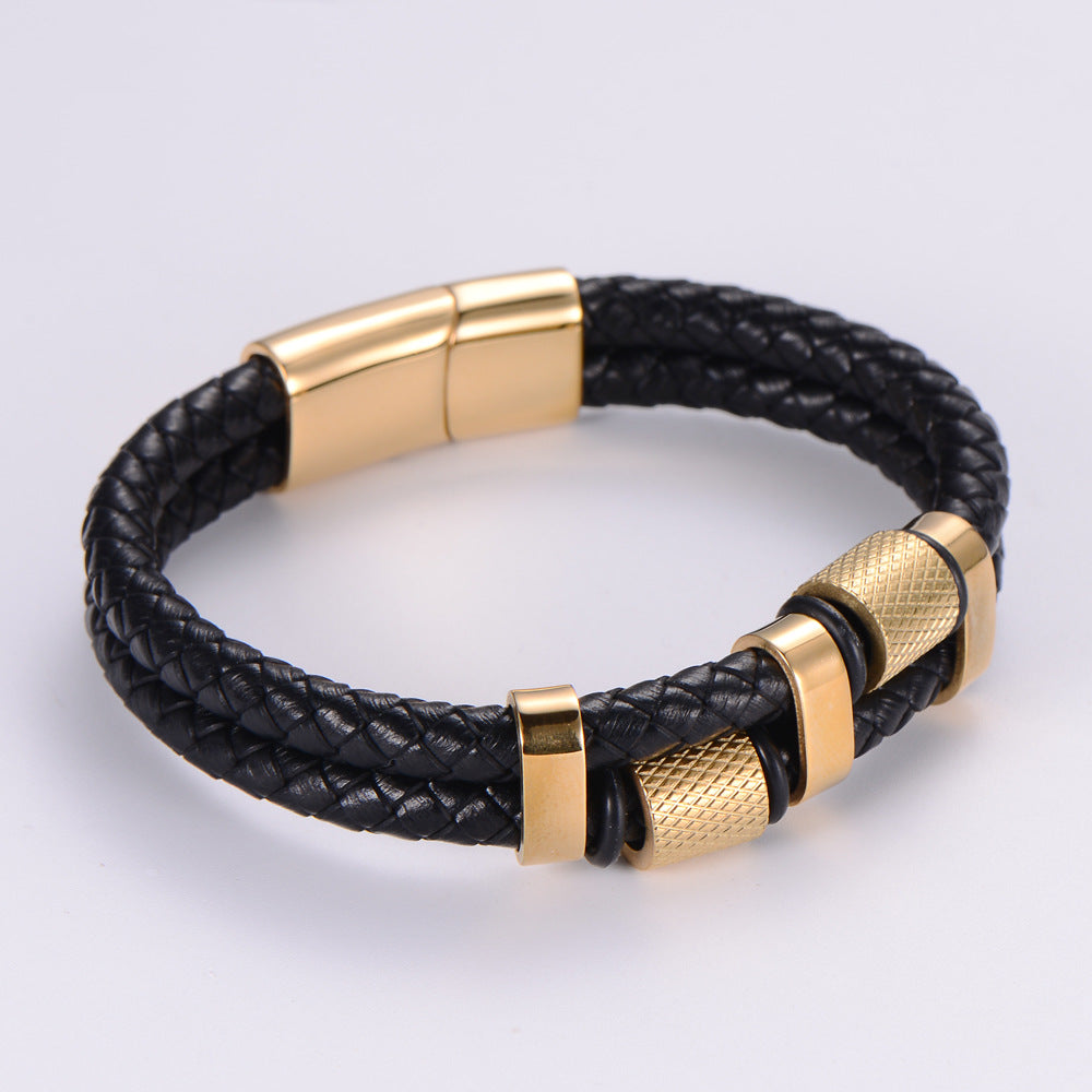 fashion leather jewelry stainless steel  18K gold double-layer leather rope bracelet