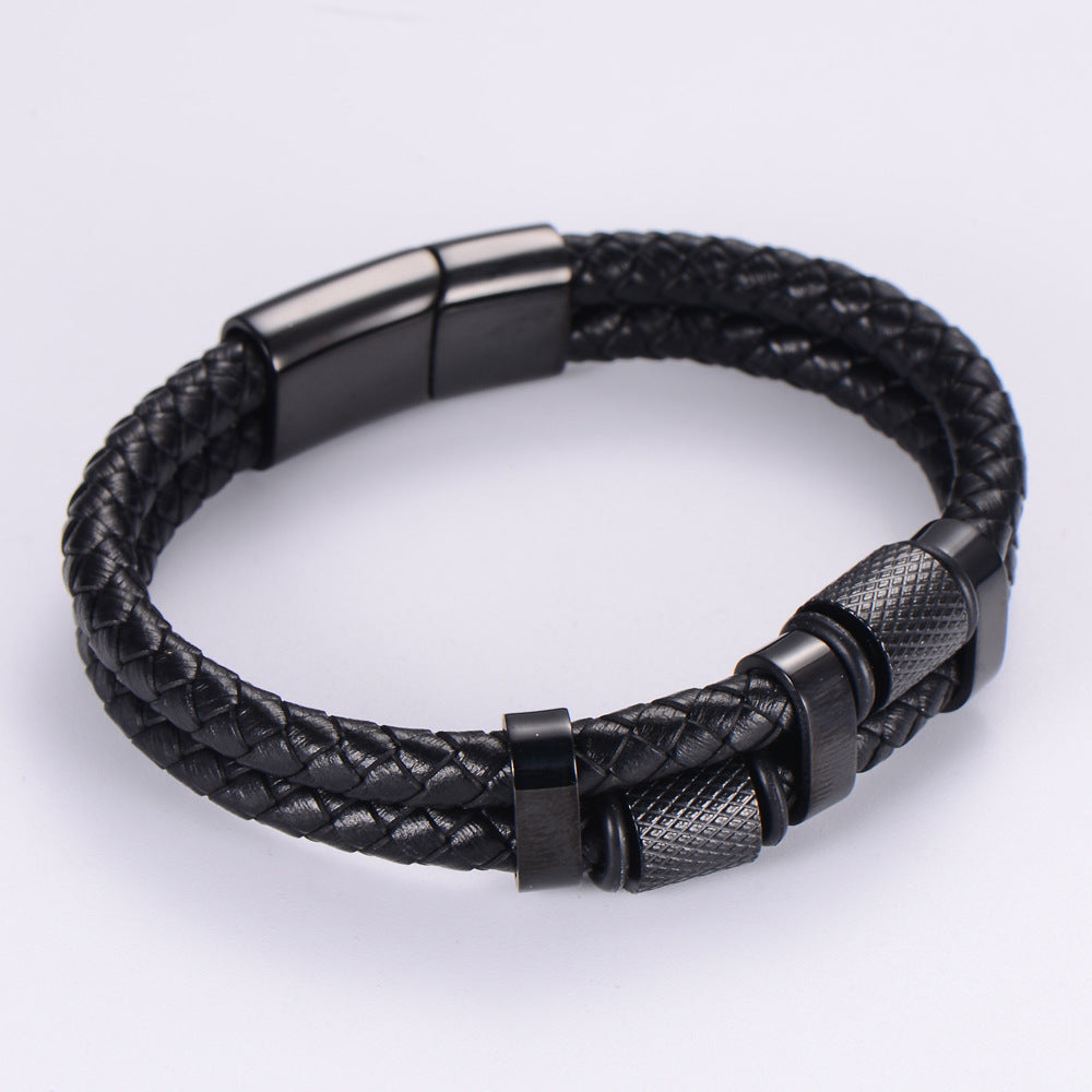 fashion leather jewelry stainless steel  18K gold double-layer leather rope bracelet