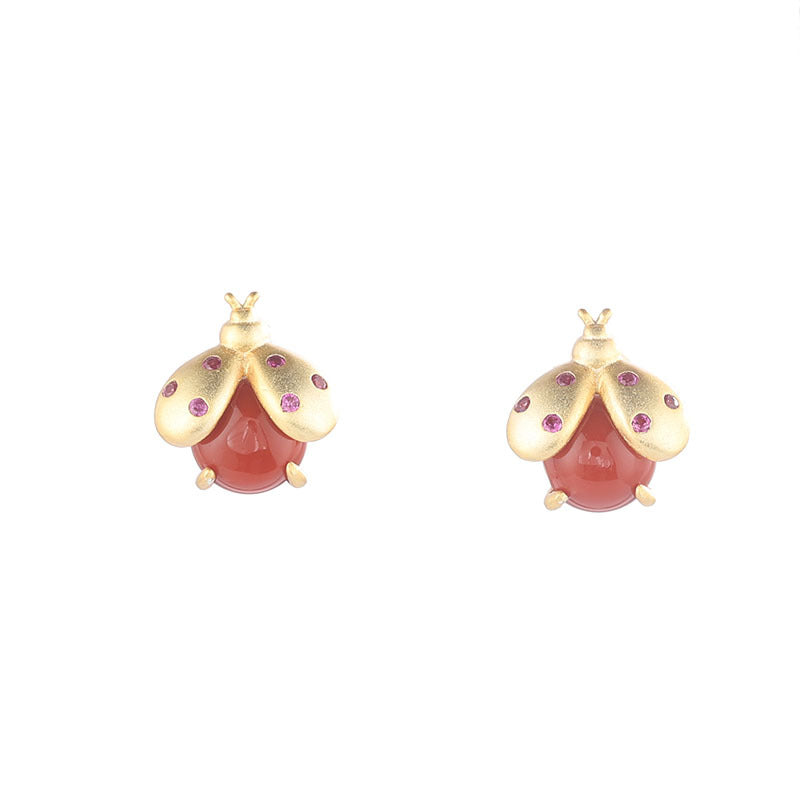 S925 sterling silver gold-plated inlaid red agate worm earrings