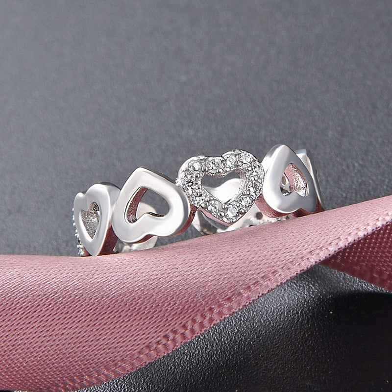 fashion s925 silver hollow heart inlaid zircon heart opening ring