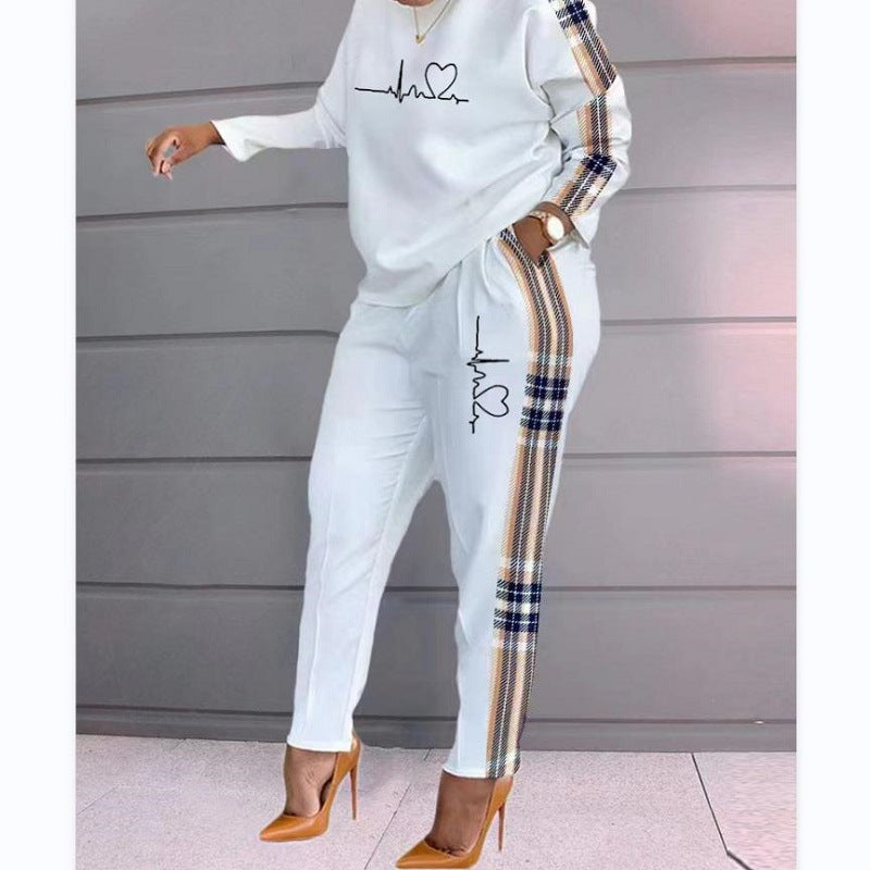 printing long-sleeved slim high waist round neck top and pant two-piece suit