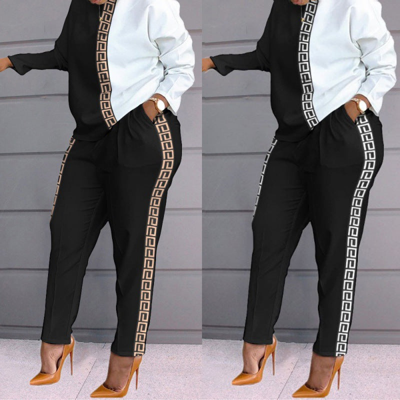 printing color contrast long-sleeved round neck high waist top and pant set