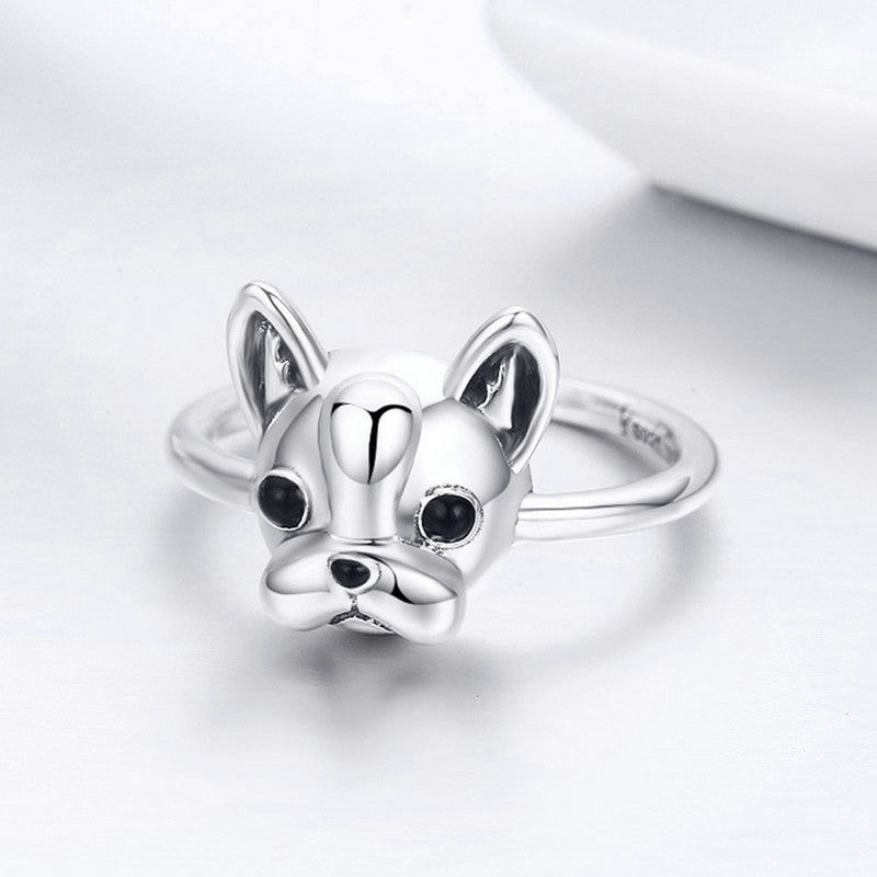 Hot Sale 100% 925 Sterling Silver Loyal Partners French Bulldog Dog Animal Female Ring for Women Fashion Jewelry SCR261