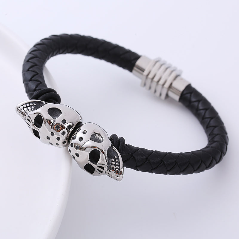 AML Woven Men's Titanium Steel Ornament Personality Skull Stainless Steel Domineering Bracelet Leather Bracelet