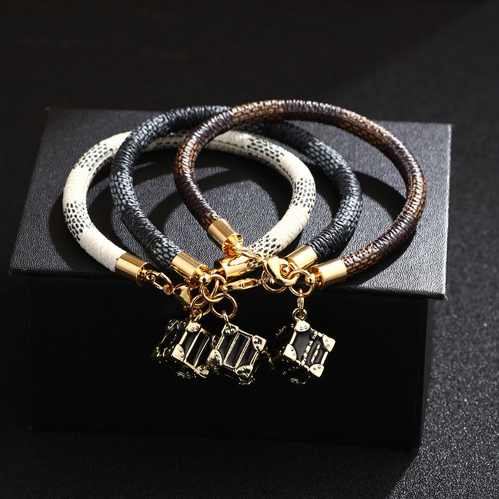 new fashion striped bracelet PU leather rope electroplating real gold copper bracelet