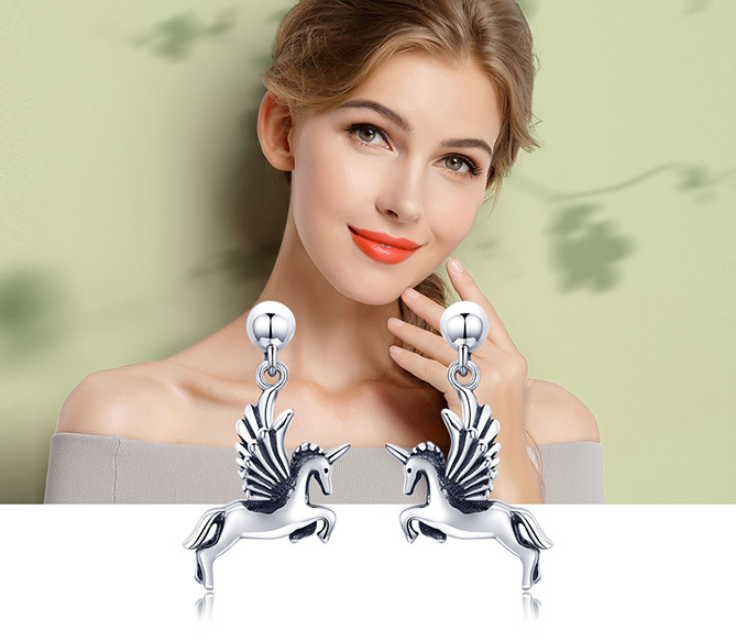 S925 sterling silver female earrings hypoallergenic European and American unicorn memory earrings