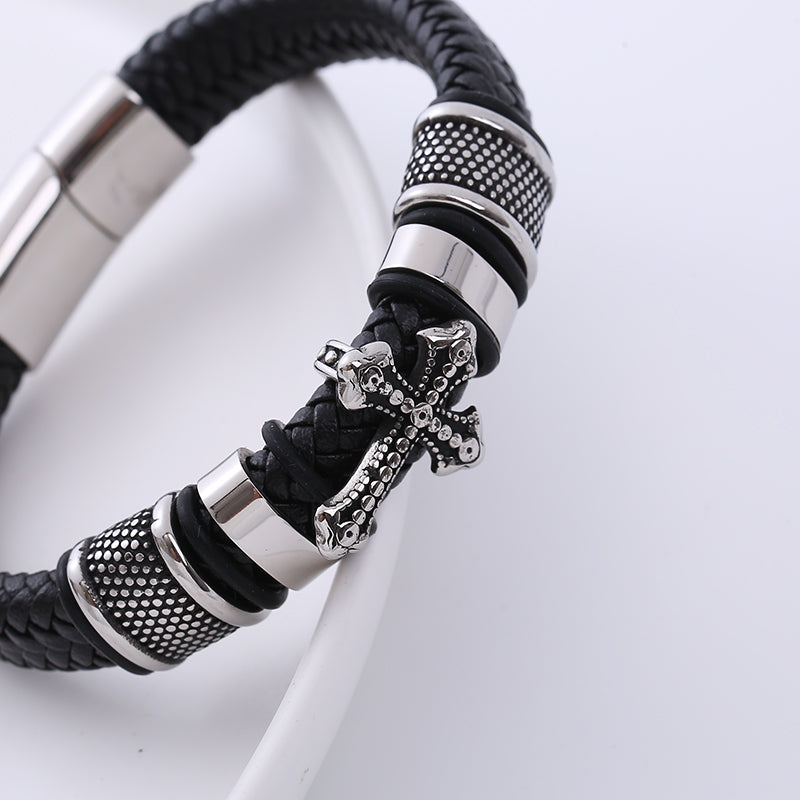 AML Cross-Border  Retro Exquisite Cross Stainless Steel Charm Men's Leather Cord Bracelet European and American Style