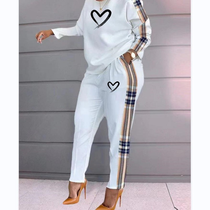 printing long-sleeved slim high waist round neck top and pant two-piece suit