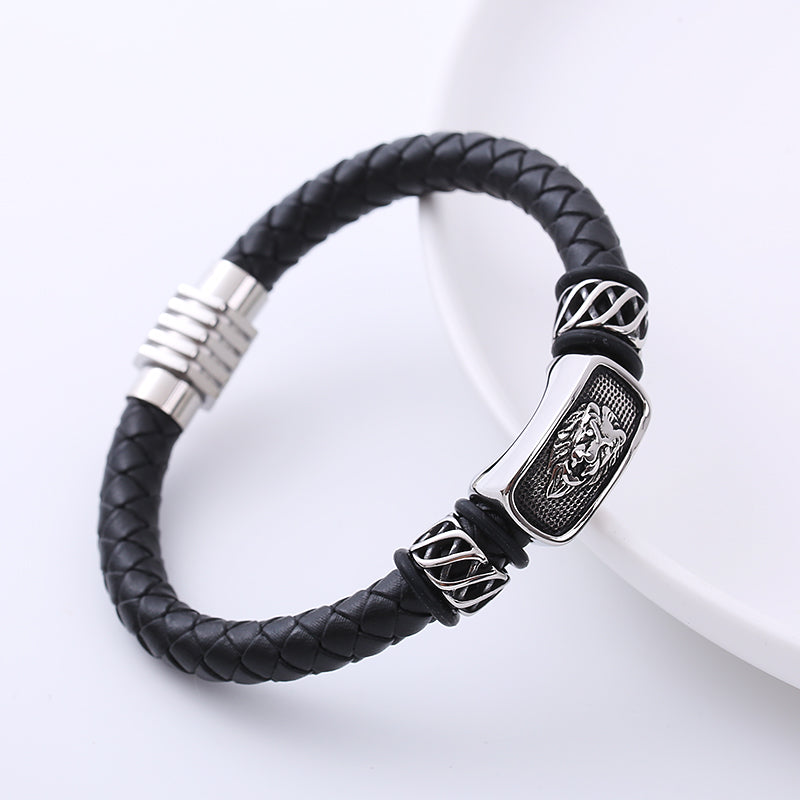 AML European and American Domineering Vintage Weave Leather Rope Trendy Men Bracelet Lion's Head Personality Titanium Steel Leather Bracelet