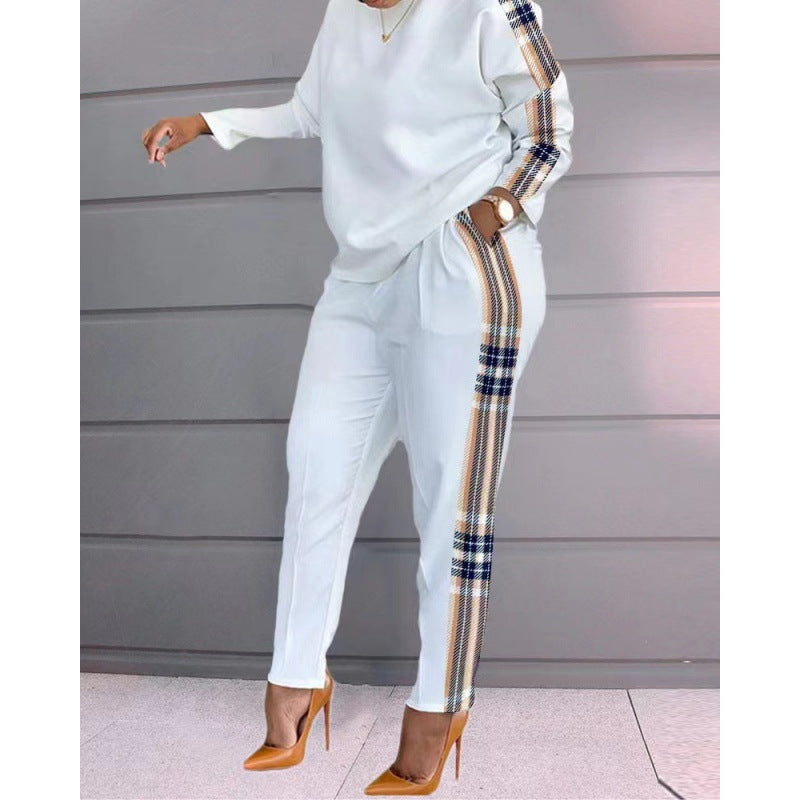 printing long-sleeved slim high waist round neck top and pant two-piece suit