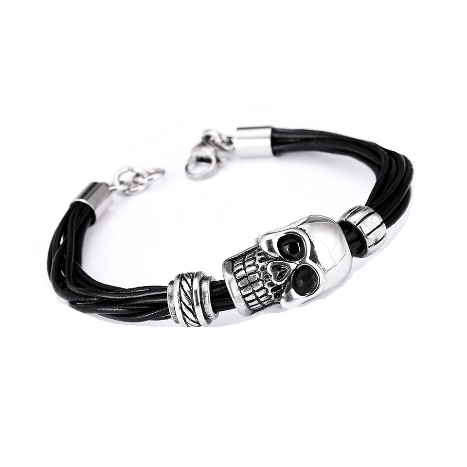 Men's multi-layer leather titanium steel skull bracelet