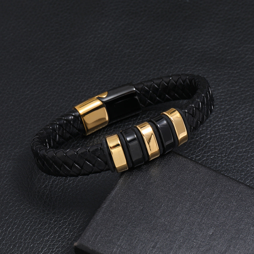 creative two-color stainless steel magnet buckle men's leather bracelet