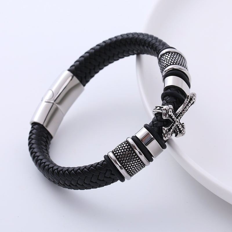 AML Cross-Border  Retro Exquisite Cross Stainless Steel Charm Men's Leather Cord Bracelet European and American Style