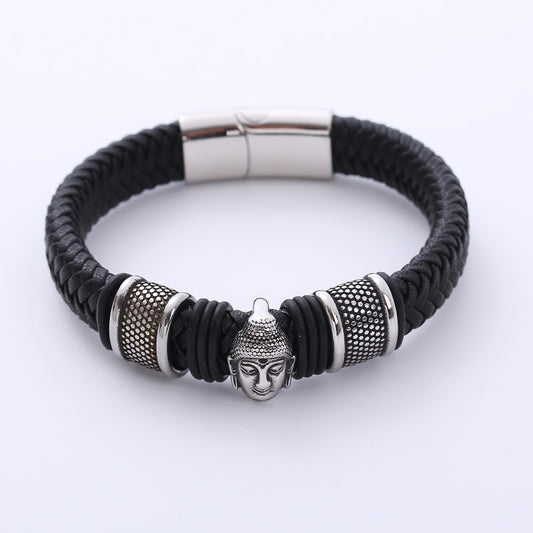 AML European And American Genuine Leather Handmade Woven Leather String Men 'S Bracelet Stainless Steel Magnetic Snap Domineering Cross-Border E-Commerce Bracelet