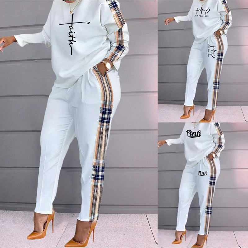 printing long-sleeved slim high waist round neck top and pant two-piece suit