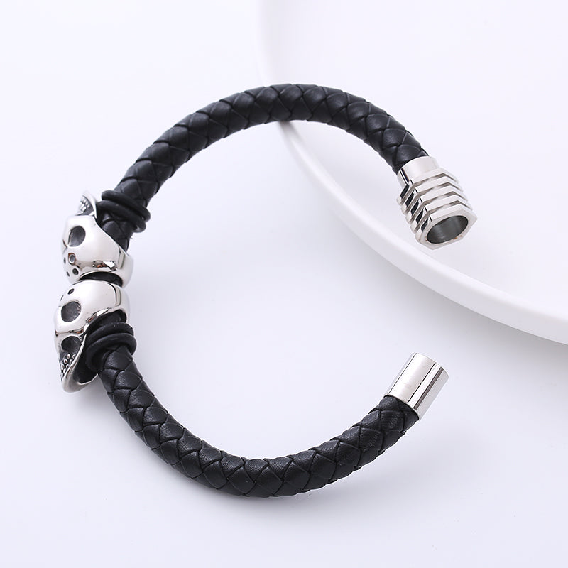 AML Woven Men's Titanium Steel Ornament Personality Skull Stainless Steel Domineering Bracelet Leather Bracelet