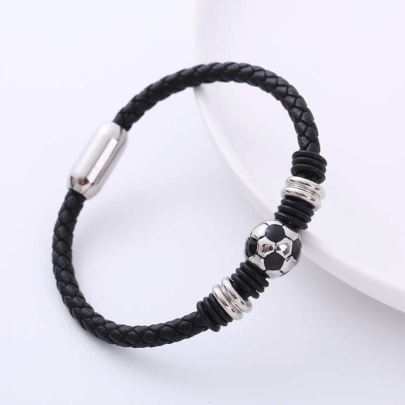 AML European and American  Men's Personality Stainless Steel Bracelet Sports Style World Cup Football Woven Leather String Bracelet