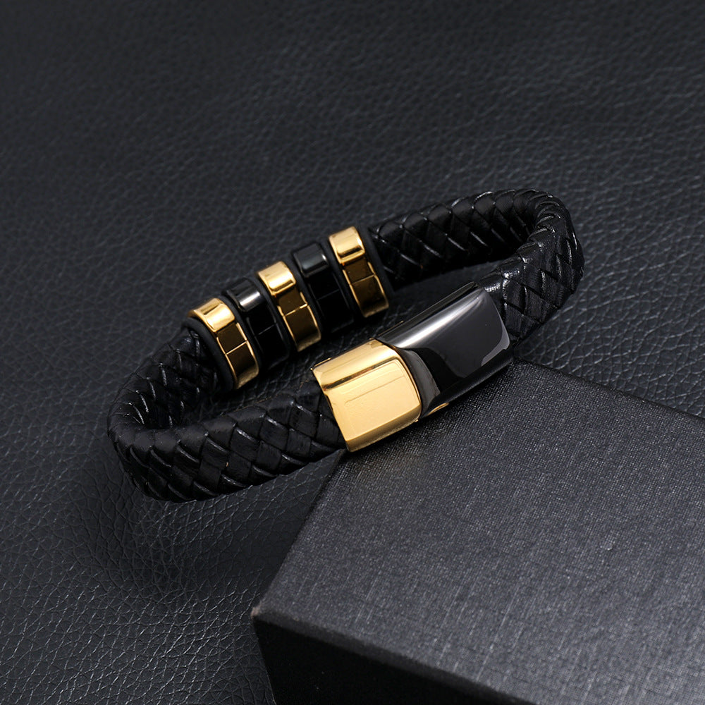 creative two-color stainless steel magnet buckle men's leather bracelet