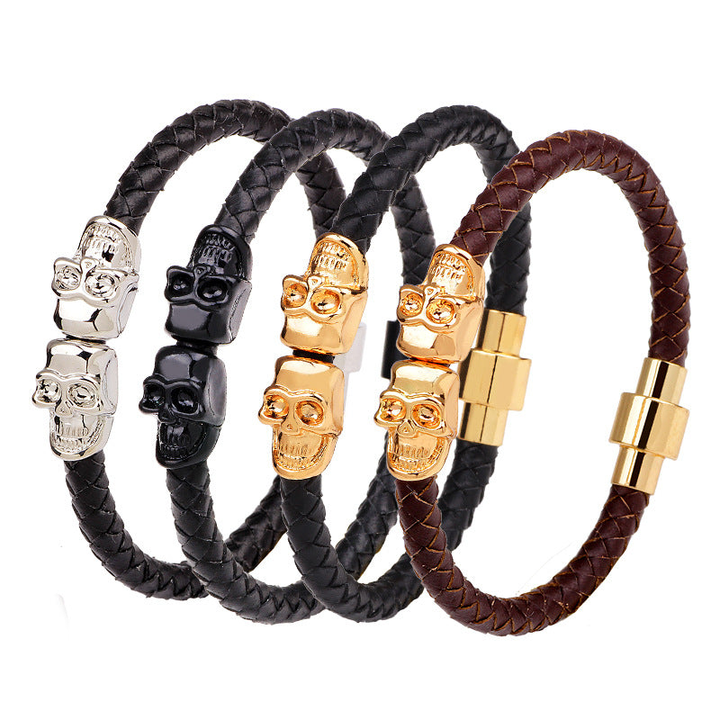 European and American cowhide men skull woven magnetic buckle bracelet