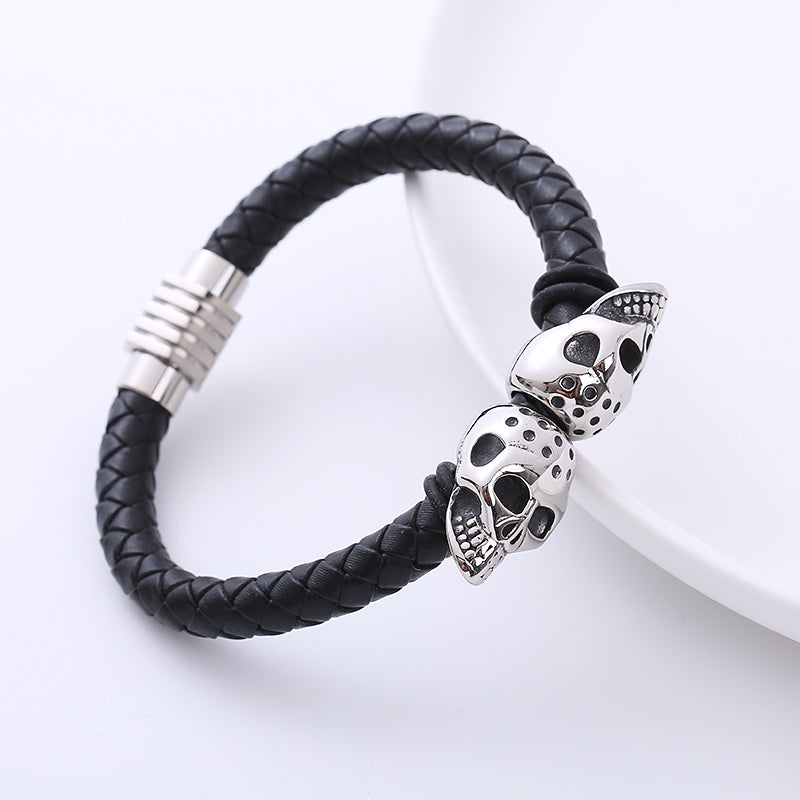 AML Woven Men's Titanium Steel Ornament Personality Skull Stainless Steel Domineering Bracelet Leather Bracelet