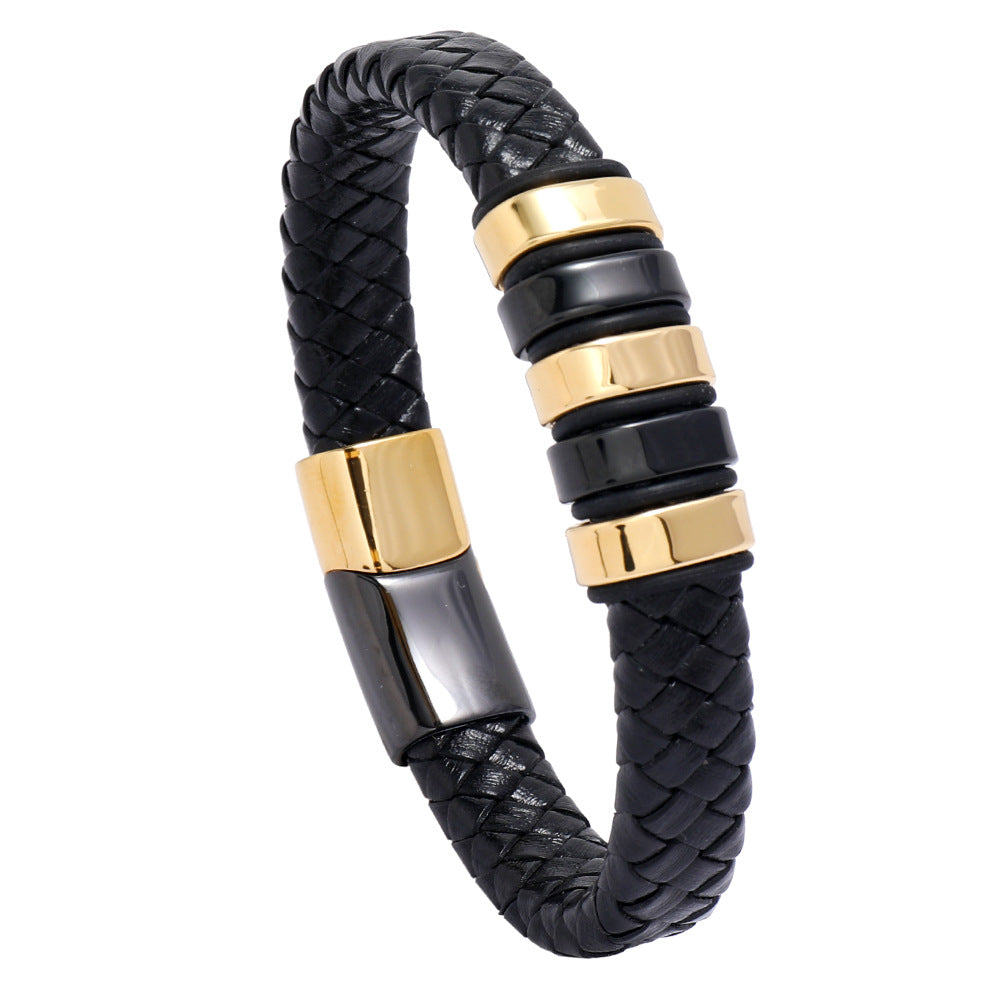 creative two-color stainless steel magnet buckle men's leather bracelet