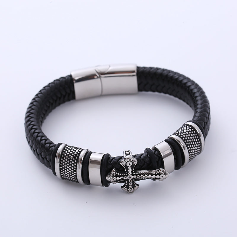 AML Cross-Border  Retro Exquisite Cross Stainless Steel Charm Men's Leather Cord Bracelet European and American Style