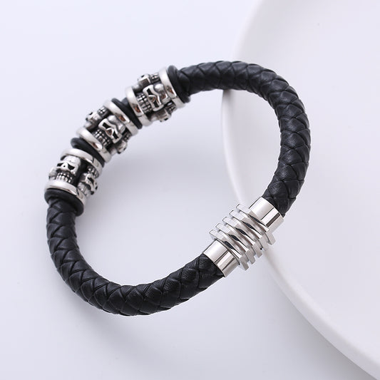 AML Halloween Skull Leather Rope Stainless Steel Men's Bracelet Magnetic Snap Personality Trend Braided Bracelet Gift