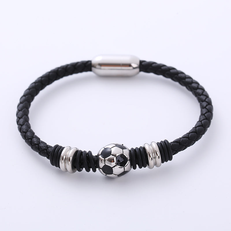 AML European and American  Men's Personality Stainless Steel Bracelet Sports Style World Cup Football Woven Leather String Bracelet