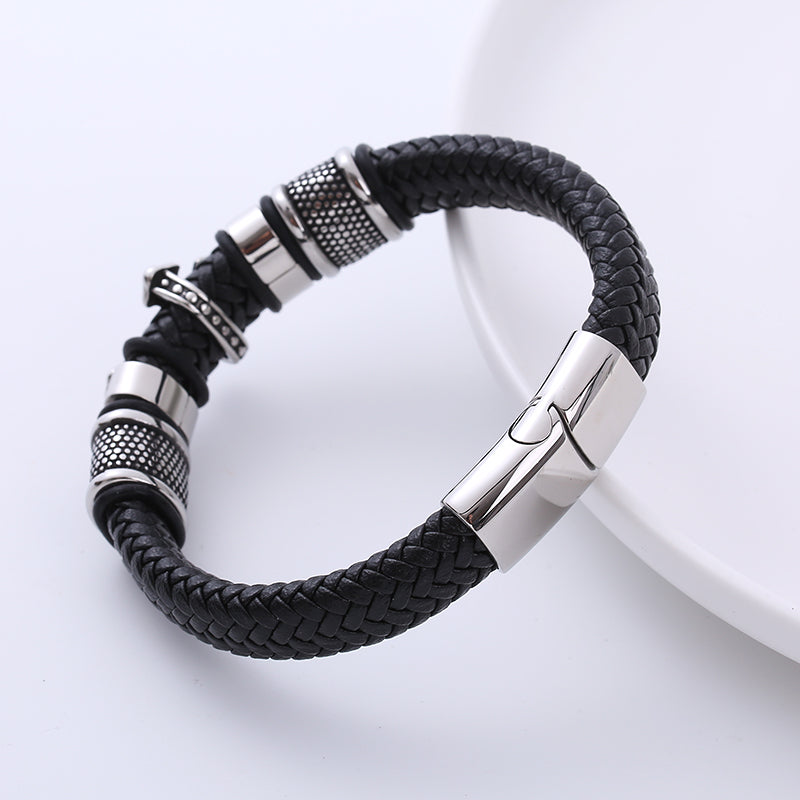 AML Cross-Border  Retro Exquisite Cross Stainless Steel Charm Men's Leather Cord Bracelet European and American Style