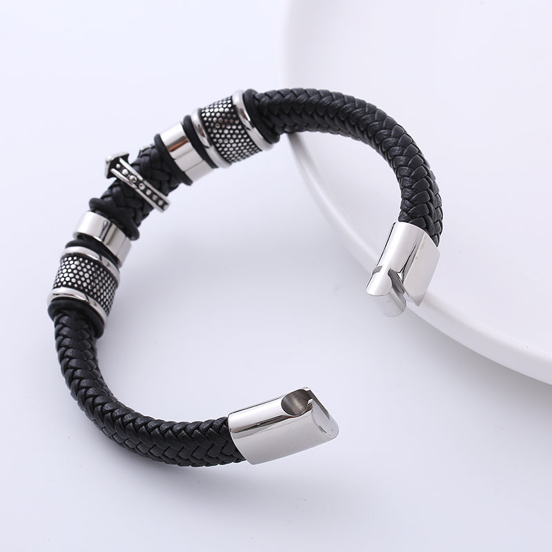 AML Cross-Border  Retro Exquisite Cross Stainless Steel Charm Men's Leather Cord Bracelet European and American Style