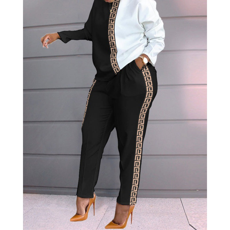 printing color contrast long-sleeved round neck high waist top and pant set